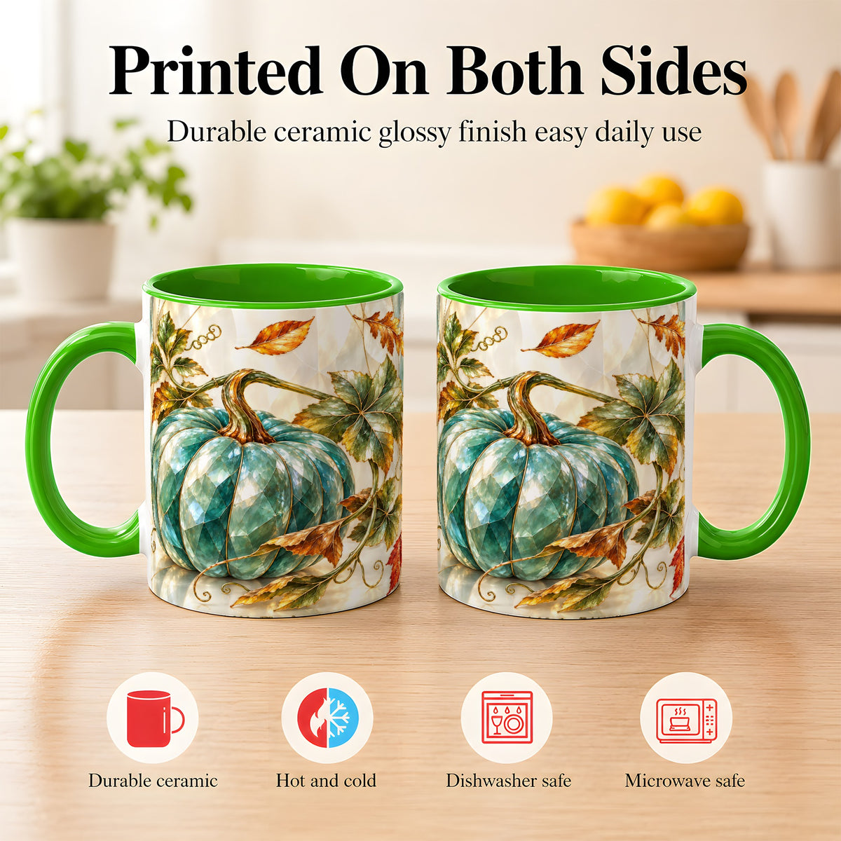 #pl[11oz|Green] Geometric Teal Pumpkin Coffee Mug, Fall Leaves Mug, Ceramic Cup