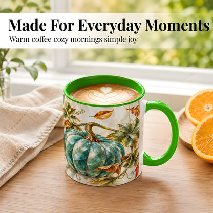 #pl[11oz|Green] Geometric Teal Pumpkin Coffee Mug, Fall Leaves Mug, Ceramic Cup