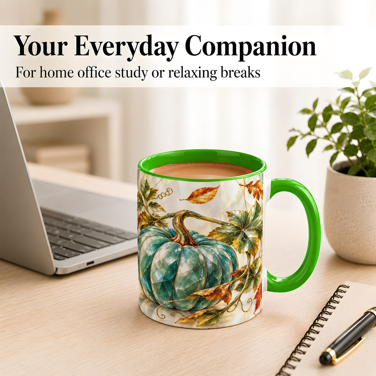 #pl[11oz|Green] Geometric Teal Pumpkin Coffee Mug, Fall Leaves Mug, Ceramic Cup