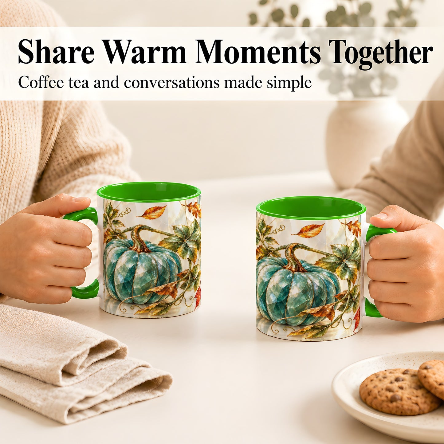 #pl[11oz|Green] Geometric Teal Pumpkin Coffee Mug, Fall Leaves Mug, Ceramic Cup