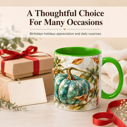 #pl[11oz|Green] Geometric Teal Pumpkin Coffee Mug, Fall Leaves Mug, Ceramic Cup