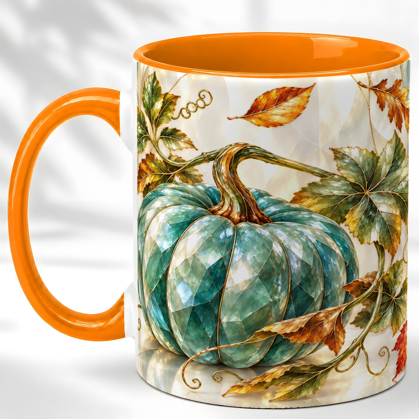 #pl[11oz|Orange] Geometric Teal Pumpkin Coffee Mug, Fall Leaves Mug, Ceramic Cup