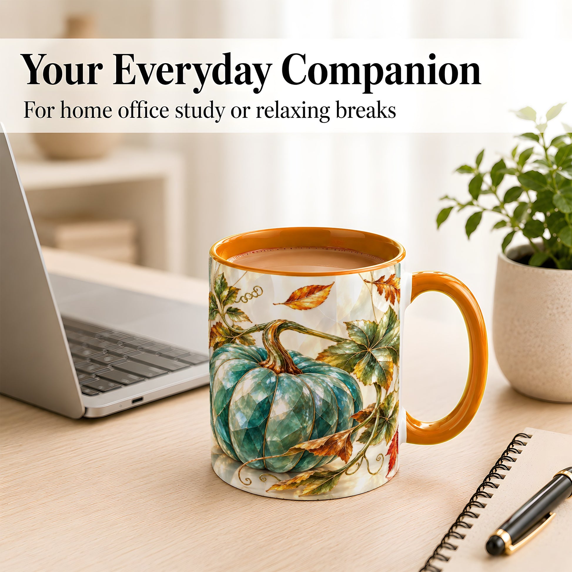#pl[11oz|Orange] Geometric Teal Pumpkin Coffee Mug, Fall Leaves Mug, Ceramic Cup