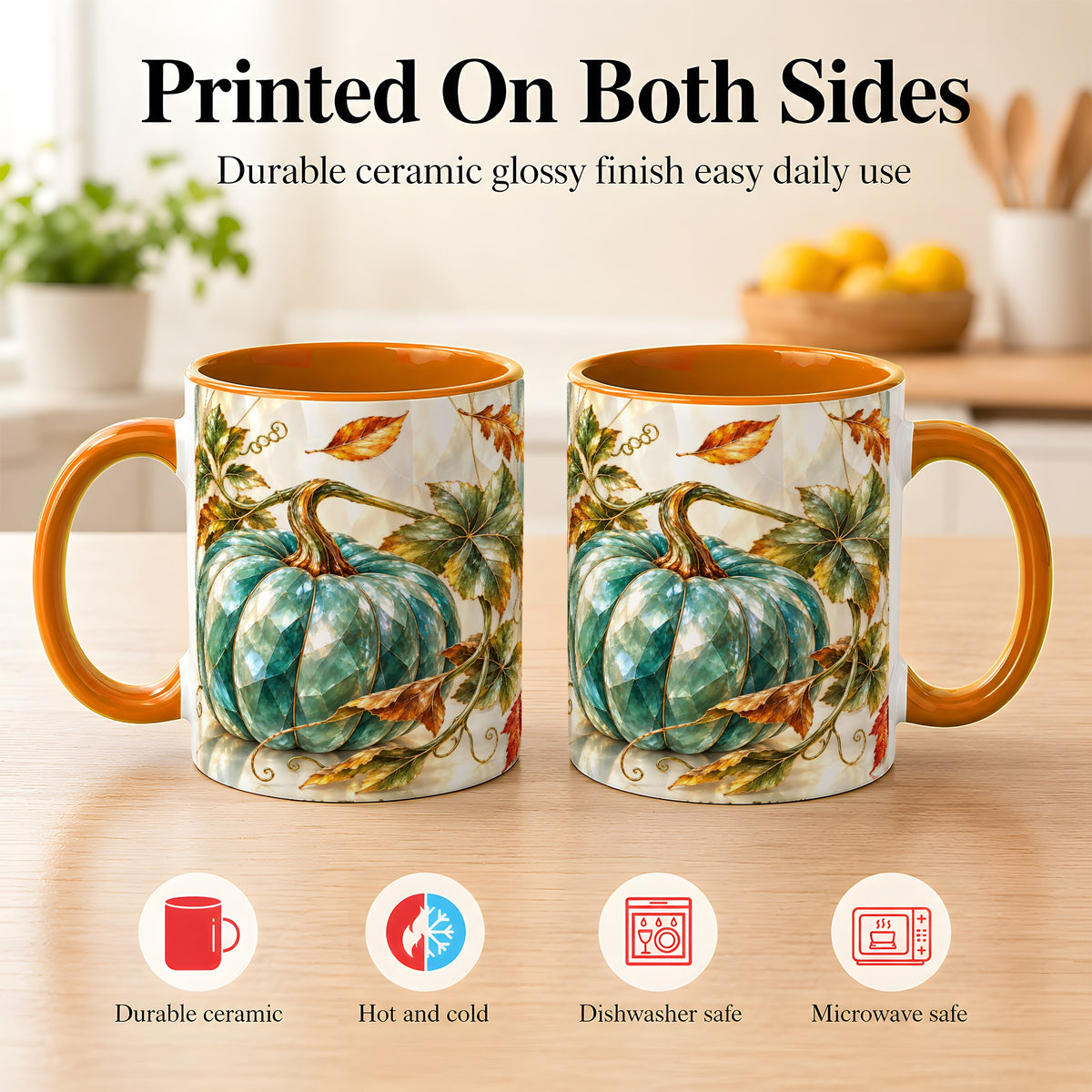#pl[11oz|Orange] Geometric Teal Pumpkin Coffee Mug, Fall Leaves Mug, Ceramic Cup