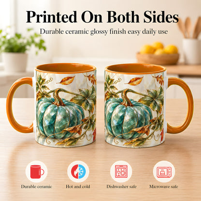 #pl[11oz|Orange] Geometric Teal Pumpkin Coffee Mug, Fall Leaves Mug, Ceramic Cup