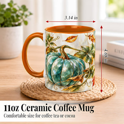 #pl[11oz|Orange] Geometric Teal Pumpkin Coffee Mug, Fall Leaves Mug, Ceramic Cup