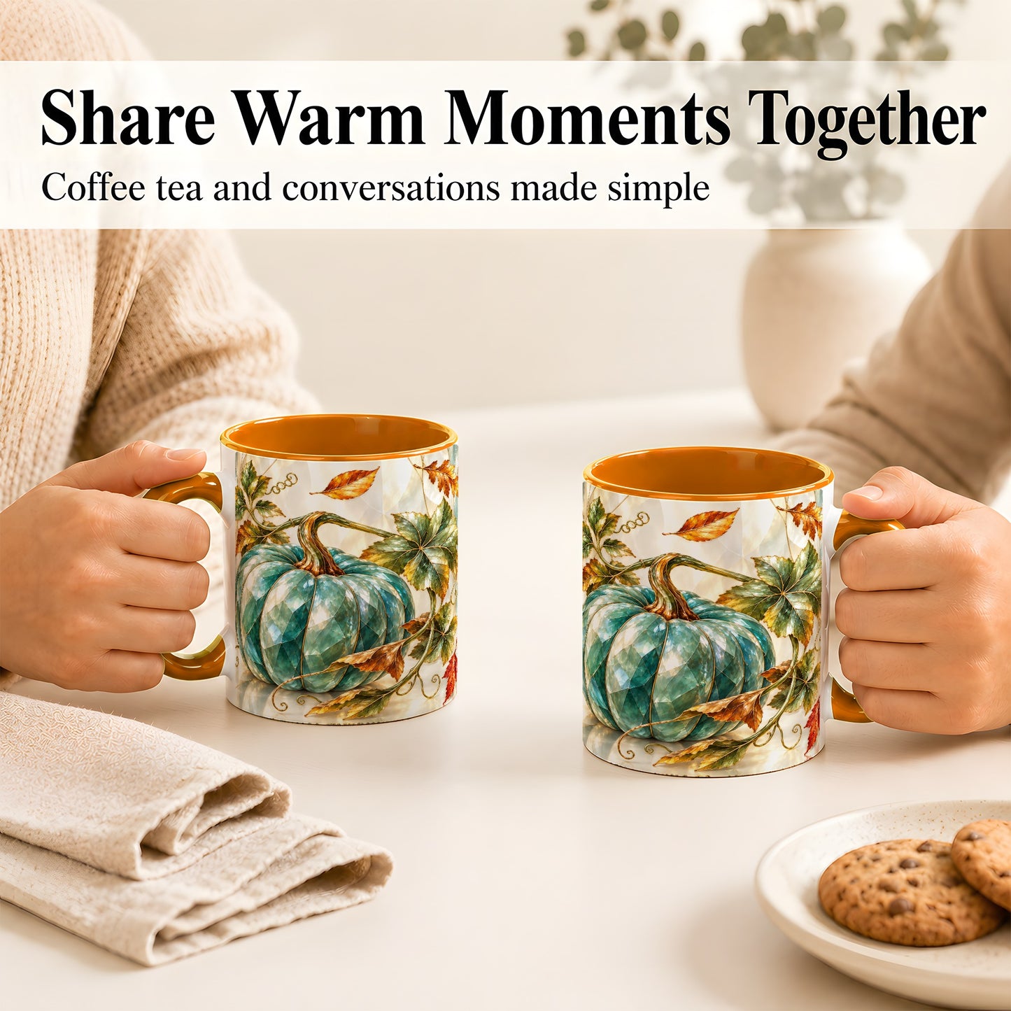 #pl[11oz|Orange] Geometric Teal Pumpkin Coffee Mug, Fall Leaves Mug, Ceramic Cup