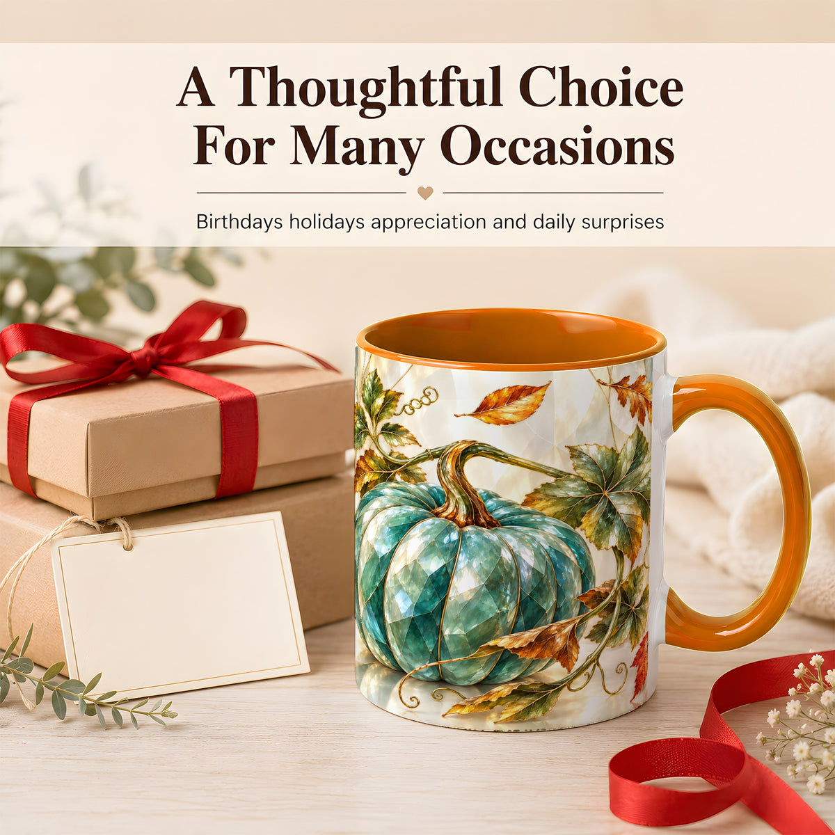 #pl[11oz|Orange] Geometric Teal Pumpkin Coffee Mug, Fall Leaves Mug, Ceramic Cup