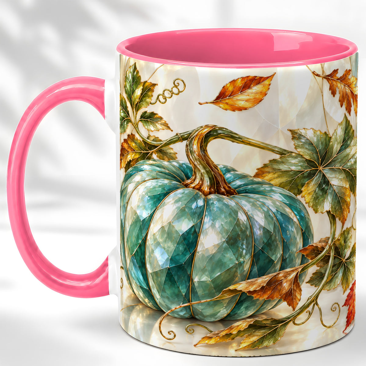 #pl[11oz|Pink] Geometric Teal Pumpkin Coffee Mug, Fall Leaves Mug, Ceramic Cup