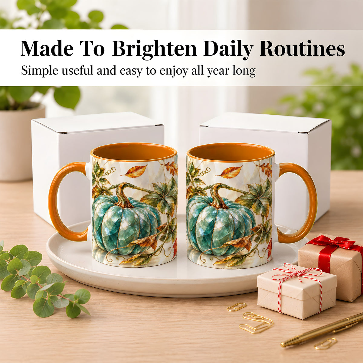 #pl[11oz|Orange] Geometric Teal Pumpkin Coffee Mug, Fall Leaves Mug, Ceramic Cup