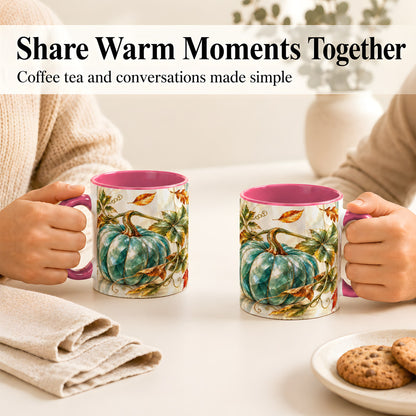#pl[11oz|Pink] Geometric Teal Pumpkin Coffee Mug, Fall Leaves Mug, Ceramic Cup