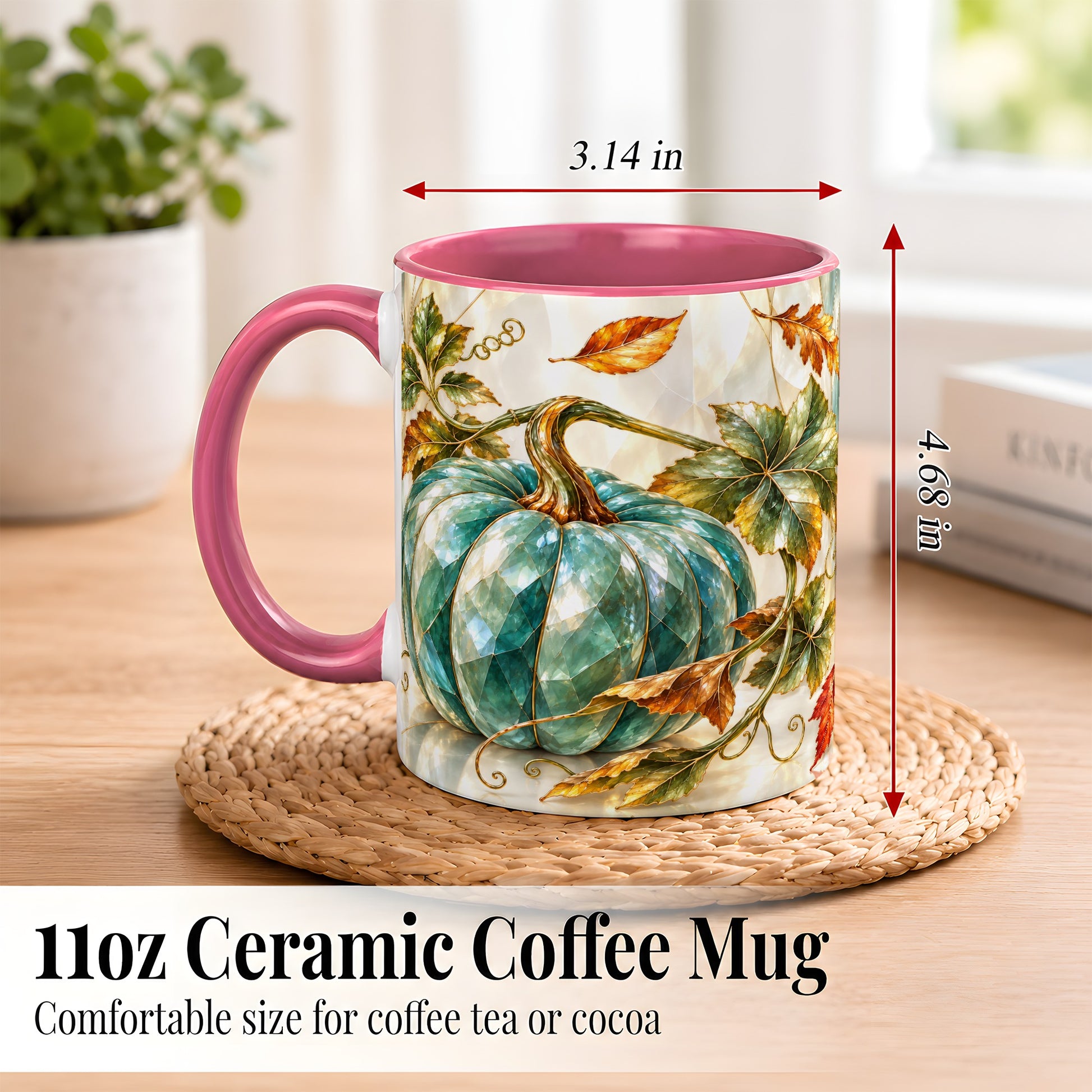 #pl[11oz|Pink] Geometric Teal Pumpkin Coffee Mug, Fall Leaves Mug, Ceramic Cup