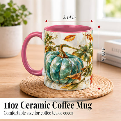 #pl[11oz|Pink] Geometric Teal Pumpkin Coffee Mug, Fall Leaves Mug, Ceramic Cup