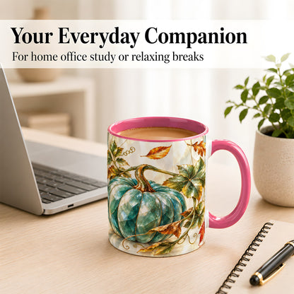 #pl[11oz|Pink] Geometric Teal Pumpkin Coffee Mug, Fall Leaves Mug, Ceramic Cup