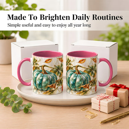 #pl[11oz|Pink] Geometric Teal Pumpkin Coffee Mug, Fall Leaves Mug, Ceramic Cup