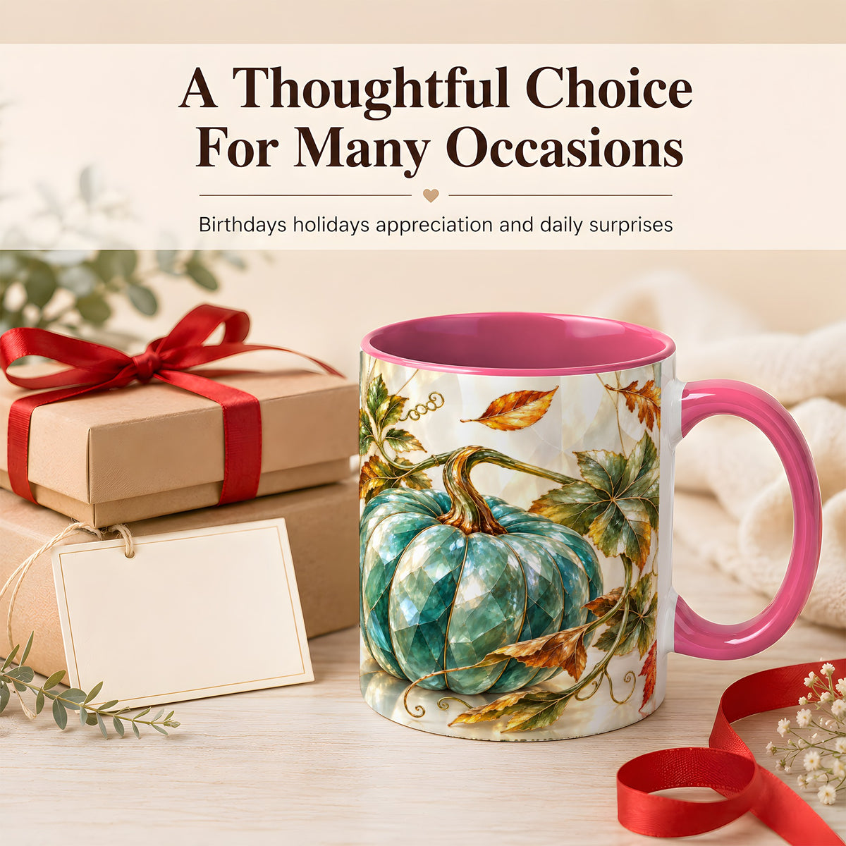 #pl[11oz|Pink] Geometric Teal Pumpkin Coffee Mug, Fall Leaves Mug, Ceramic Cup