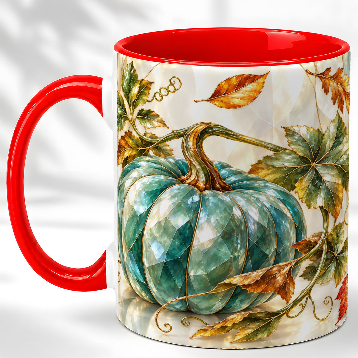 Geometric Teal Pumpkin Coffee Mug, Fall Leaves Mug, Ceramic Cup