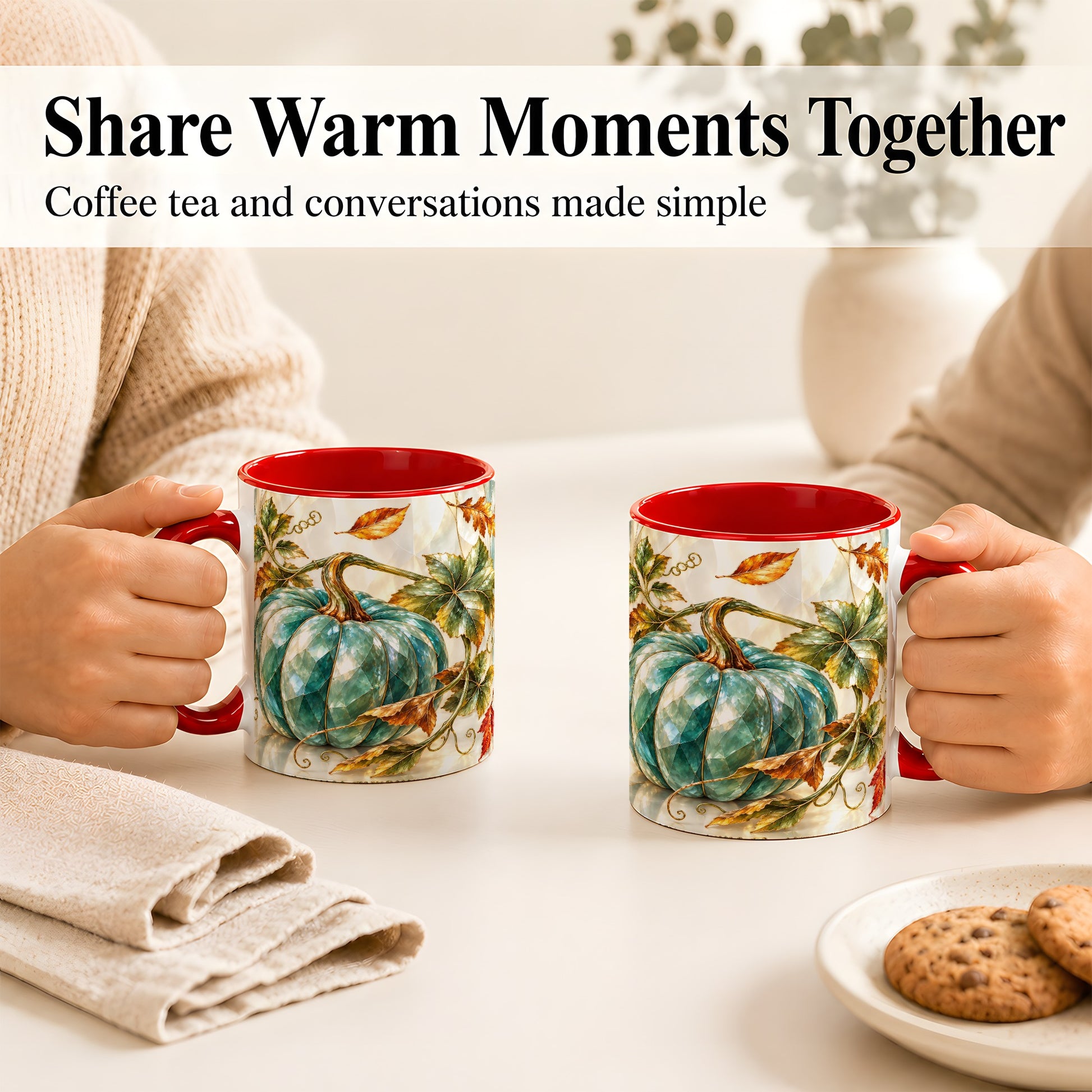 #pl[11oz|Red] Geometric Teal Pumpkin Coffee Mug, Fall Leaves Mug, Ceramic Cup