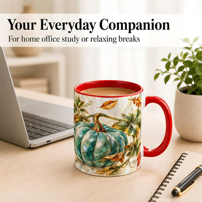 #pl[11oz|Red] Geometric Teal Pumpkin Coffee Mug, Fall Leaves Mug, Ceramic Cup