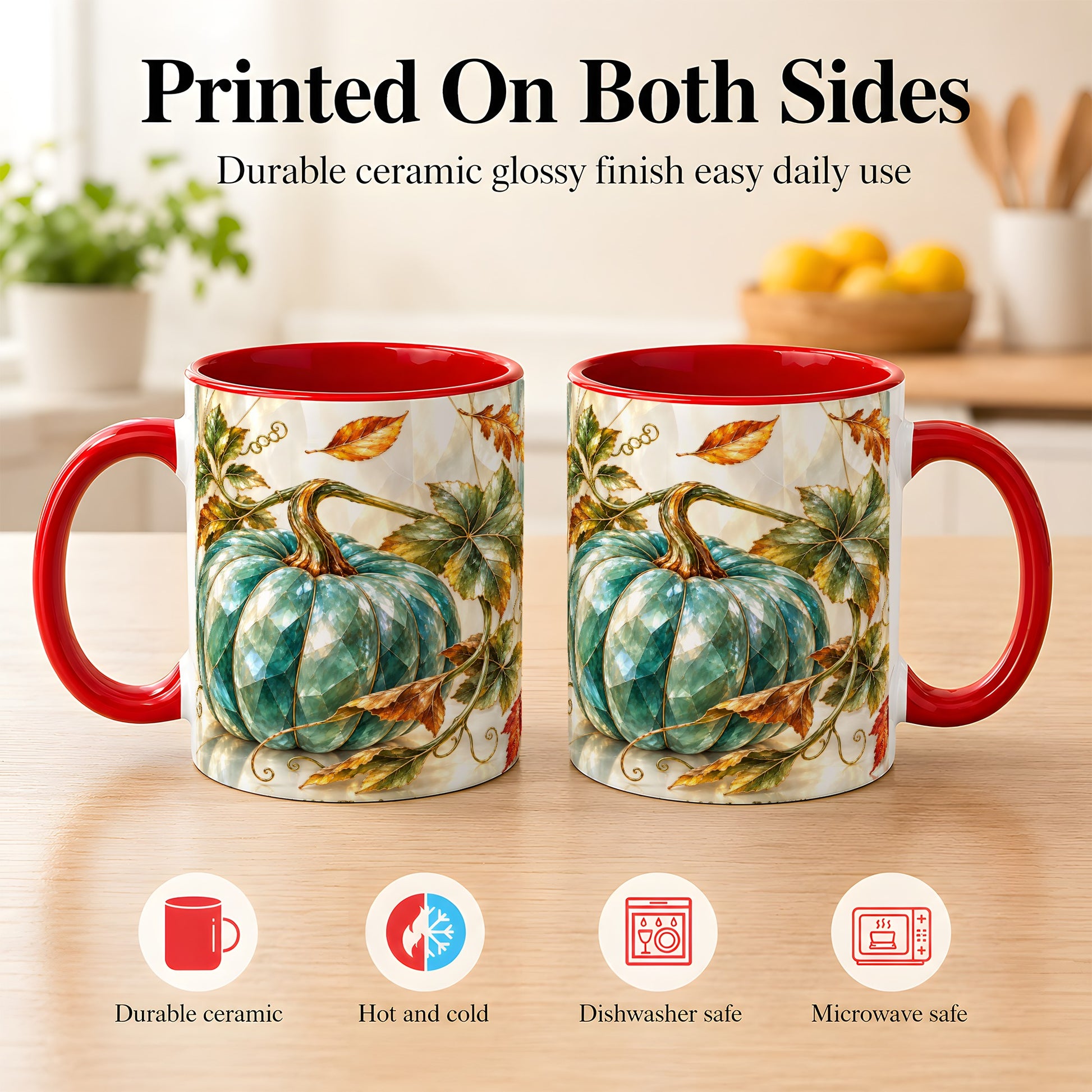 #pl[11oz|Red] Geometric Teal Pumpkin Coffee Mug, Fall Leaves Mug, Ceramic Cup