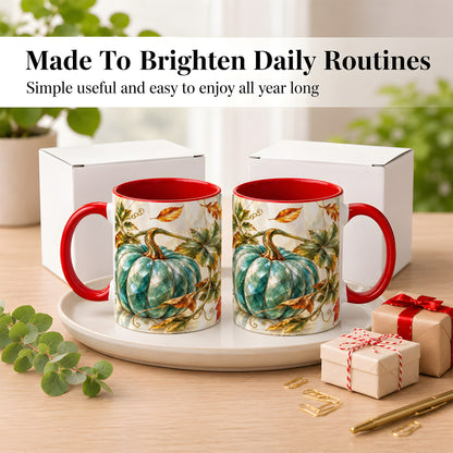 #pl[11oz|Red] Geometric Teal Pumpkin Coffee Mug, Fall Leaves Mug, Ceramic Cup