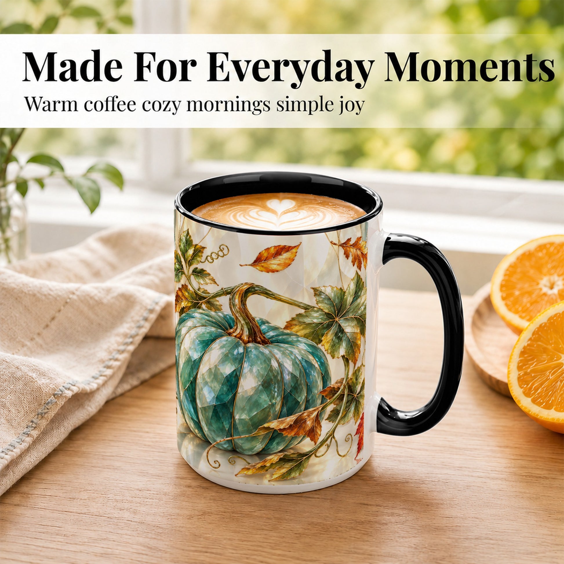 #pl[15oz|Black] Geometric Teal Pumpkin Coffee Mug, Fall Leaves Mug, Ceramic Cup