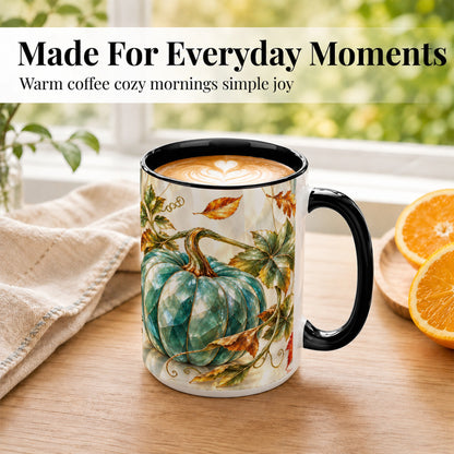 #pl[15oz|Black] Geometric Teal Pumpkin Coffee Mug, Fall Leaves Mug, Ceramic Cup