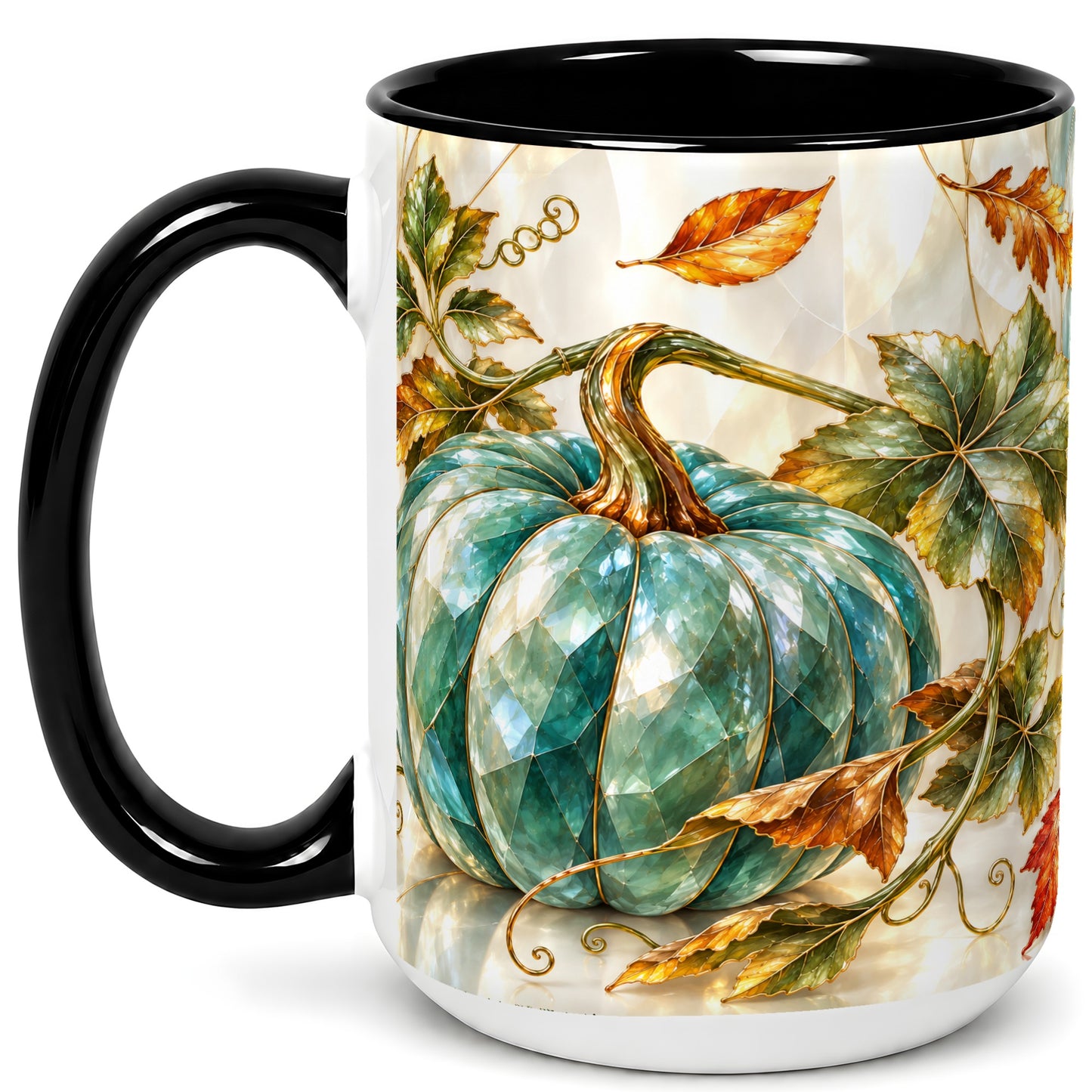 #pl[15oz|Black] Geometric Teal Pumpkin Coffee Mug, Fall Leaves Mug, Ceramic Cup