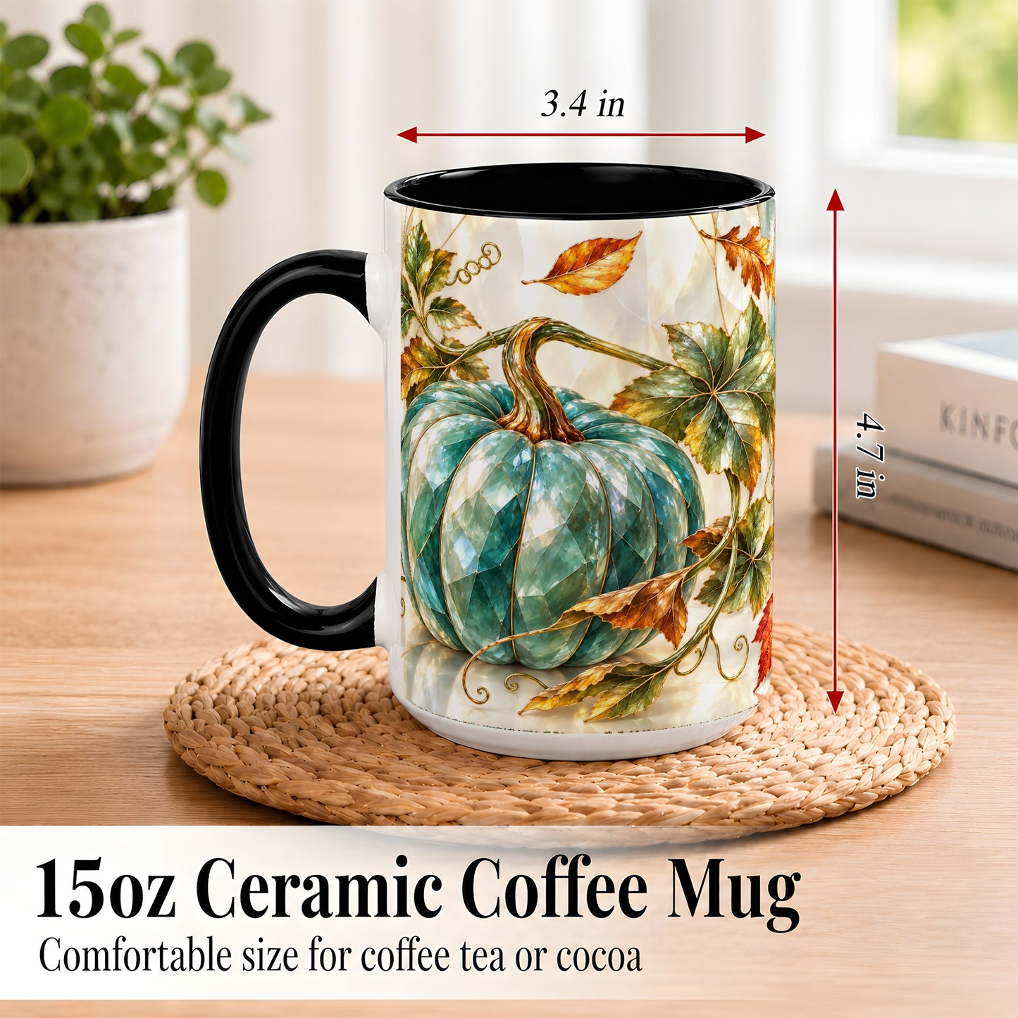 #pl[15oz|Black] Geometric Teal Pumpkin Coffee Mug, Fall Leaves Mug, Ceramic Cup
