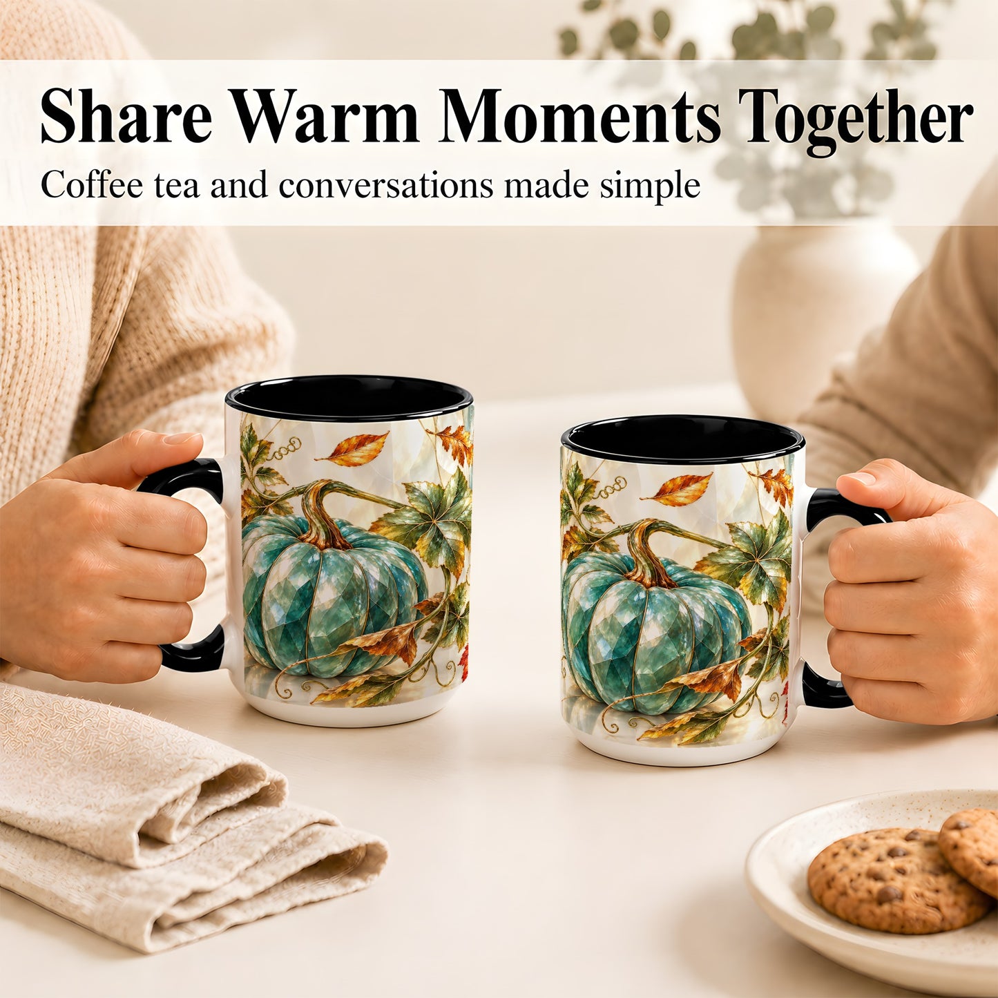 #pl[15oz|Black] Geometric Teal Pumpkin Coffee Mug, Fall Leaves Mug, Ceramic Cup