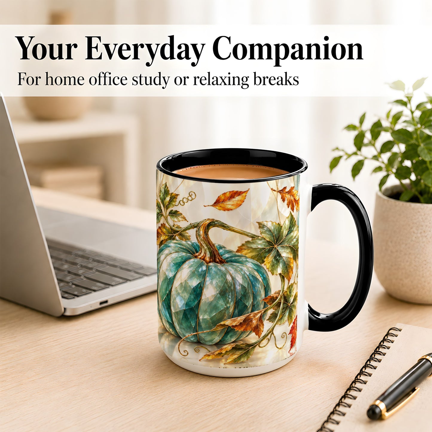 #pl[15oz|Black] Geometric Teal Pumpkin Coffee Mug, Fall Leaves Mug, Ceramic Cup