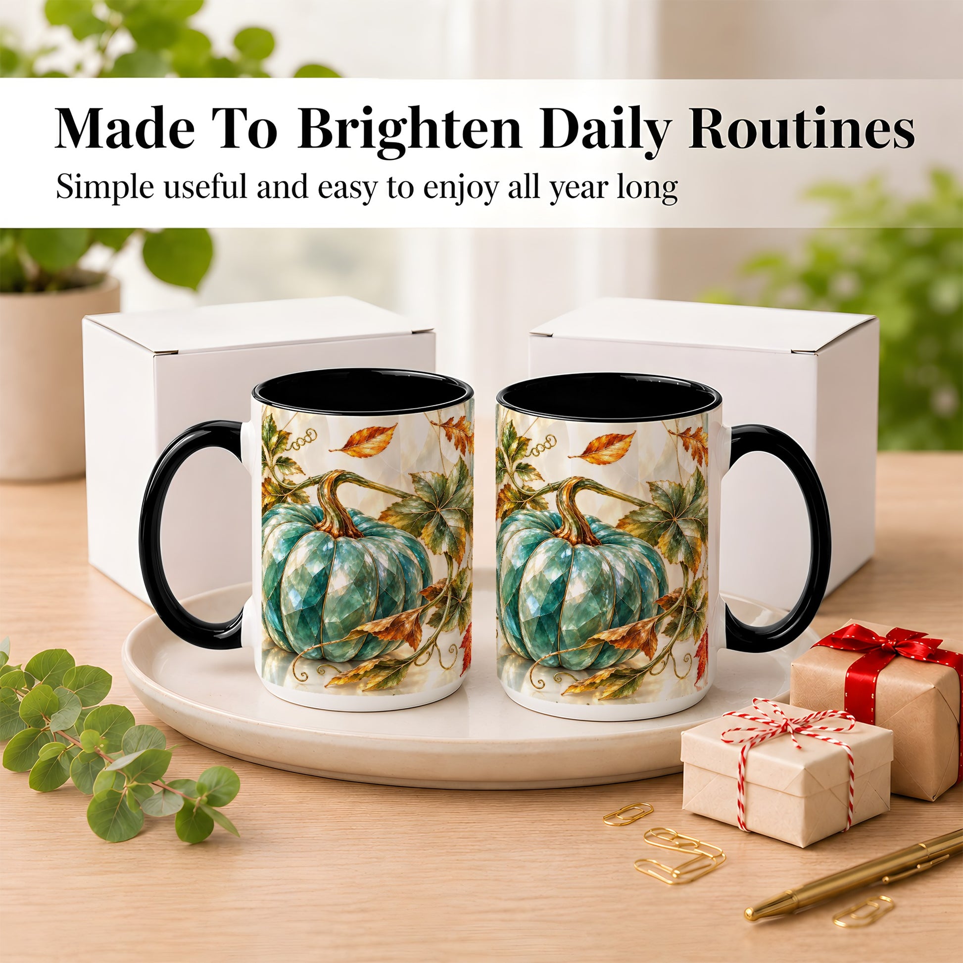 #pl[15oz|Black] Geometric Teal Pumpkin Coffee Mug, Fall Leaves Mug, Ceramic Cup