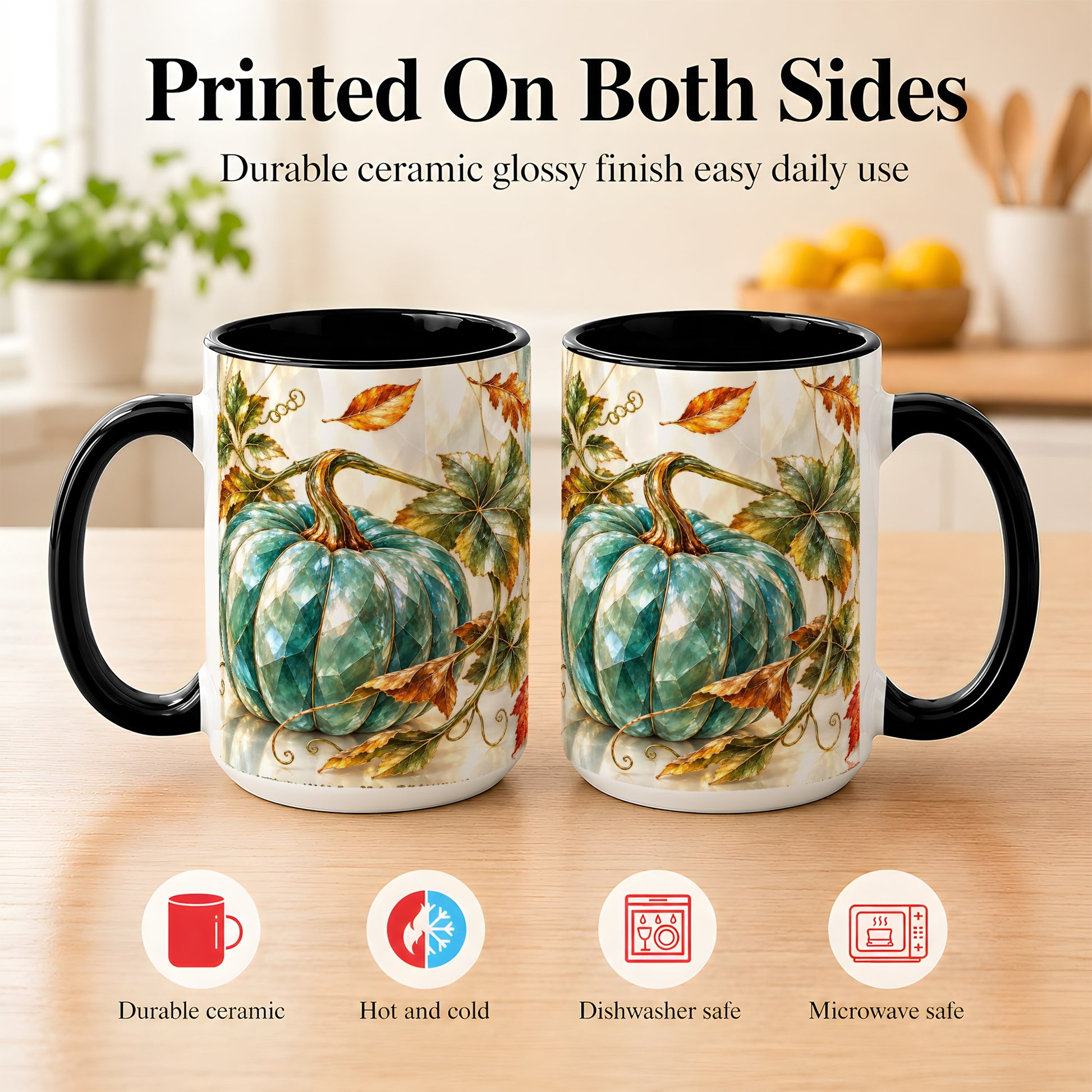 #pl[15oz|Black] Geometric Teal Pumpkin Coffee Mug, Fall Leaves Mug, Ceramic Cup