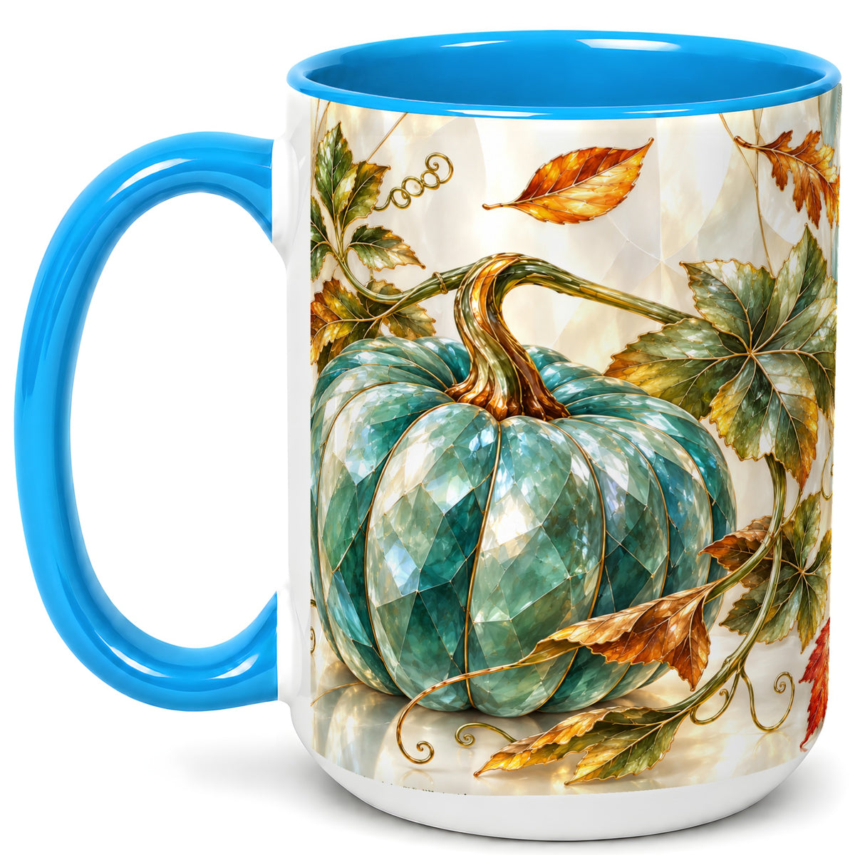 #pl[15oz|Blue] Geometric Teal Pumpkin Coffee Mug, Fall Leaves Mug, Ceramic Cup