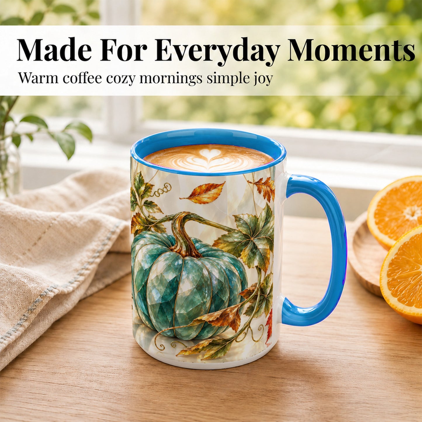 #pl[15oz|Blue] Geometric Teal Pumpkin Coffee Mug, Fall Leaves Mug, Ceramic Cup