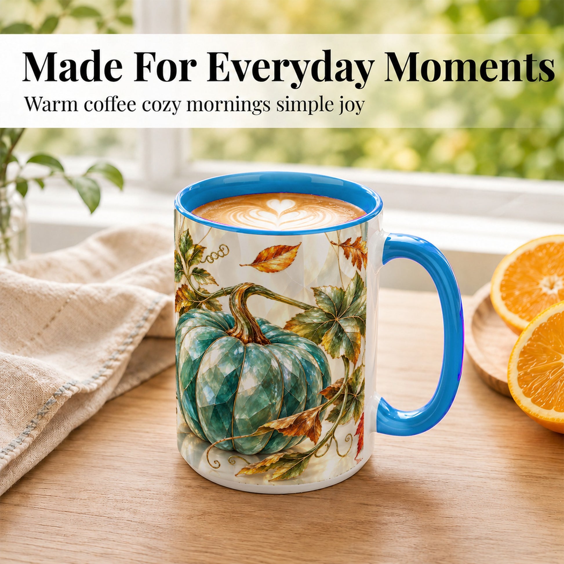 #pl[15oz|Blue] Geometric Teal Pumpkin Coffee Mug, Fall Leaves Mug, Ceramic Cup