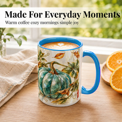 #pl[15oz|Blue] Geometric Teal Pumpkin Coffee Mug, Fall Leaves Mug, Ceramic Cup