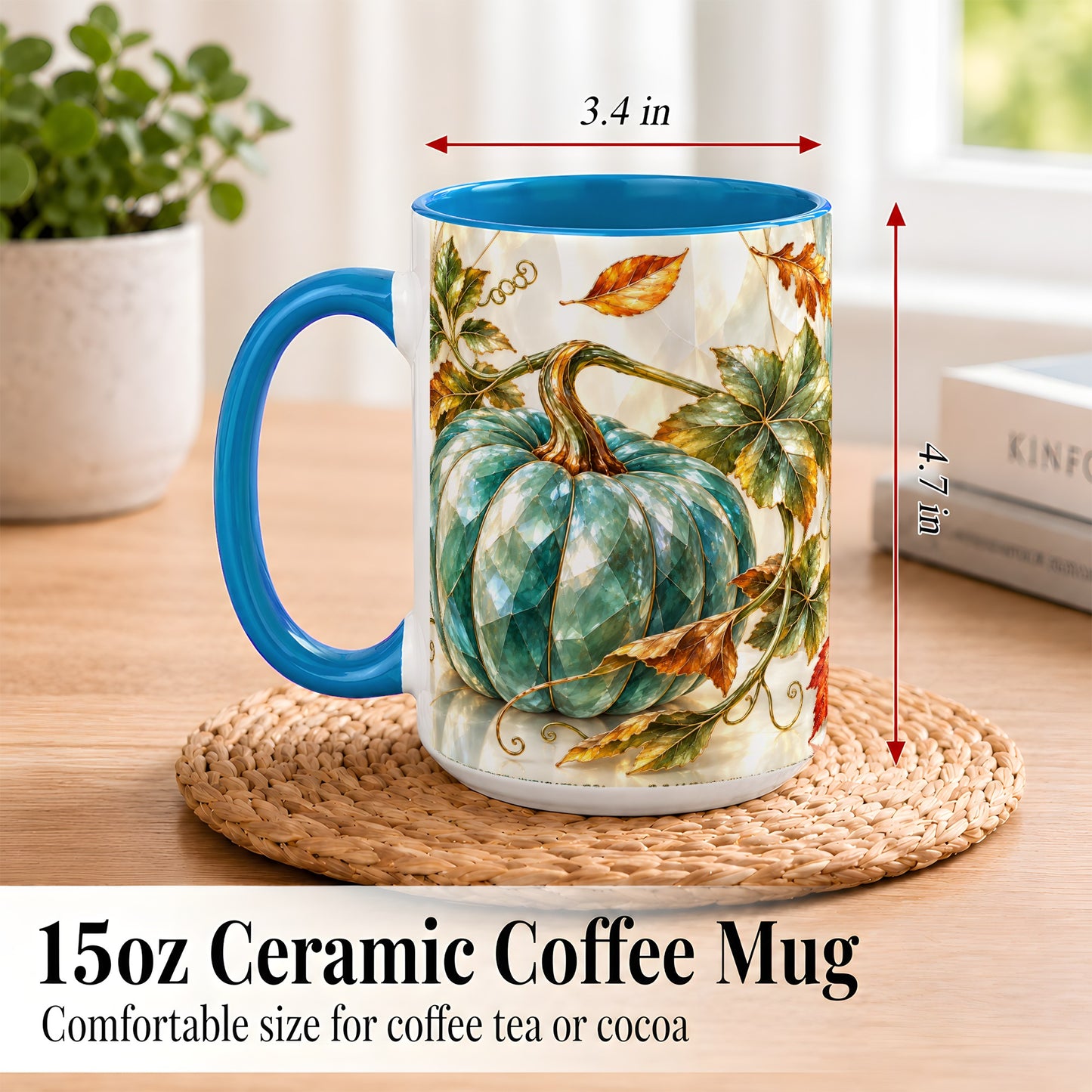 #pl[15oz|Blue] Geometric Teal Pumpkin Coffee Mug, Fall Leaves Mug, Ceramic Cup