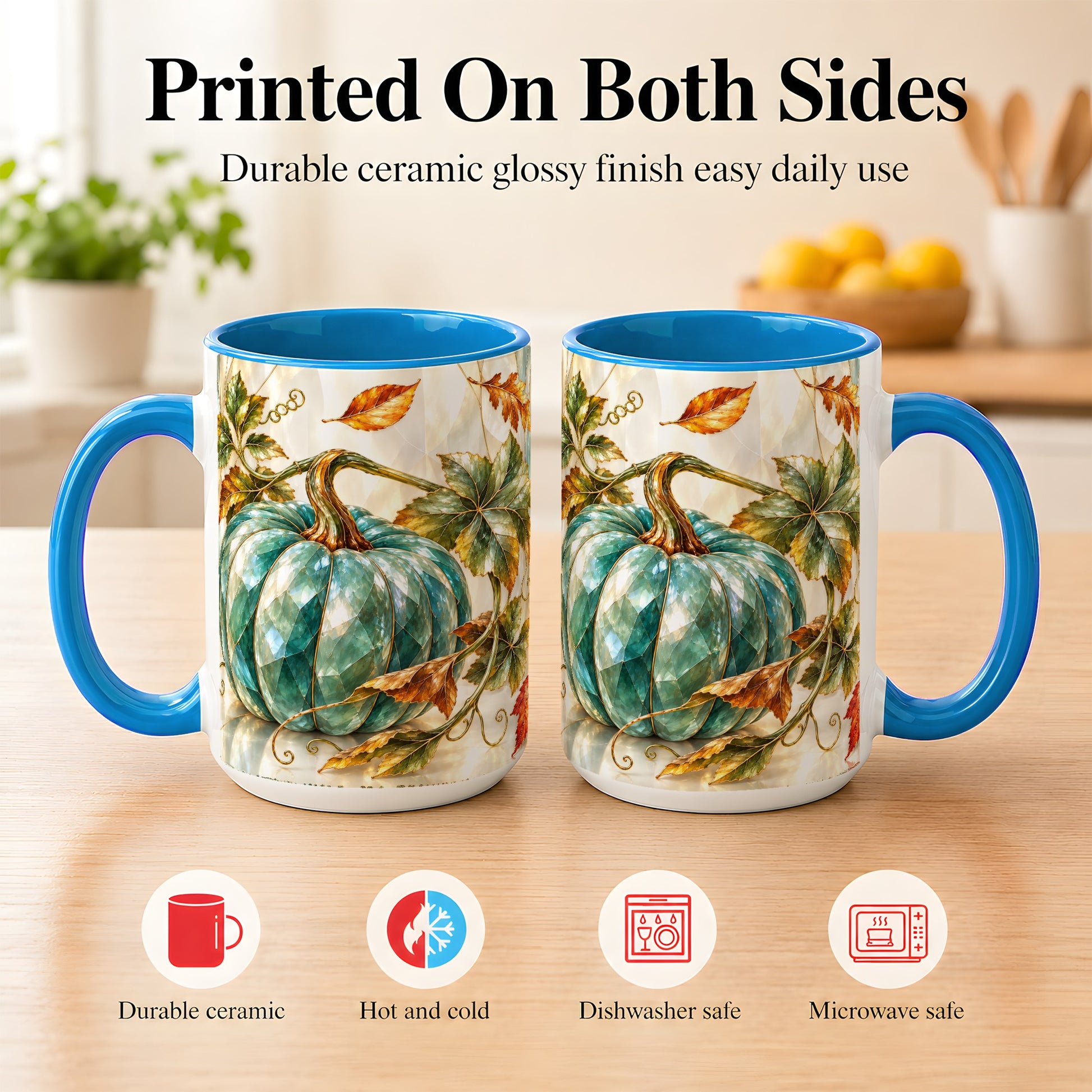 #pl[15oz|Blue] Geometric Teal Pumpkin Coffee Mug, Fall Leaves Mug, Ceramic Cup