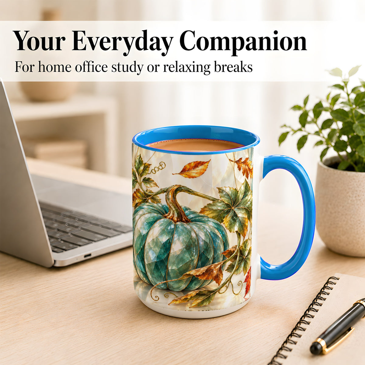 #pl[15oz|Blue] Geometric Teal Pumpkin Coffee Mug, Fall Leaves Mug, Ceramic Cup
