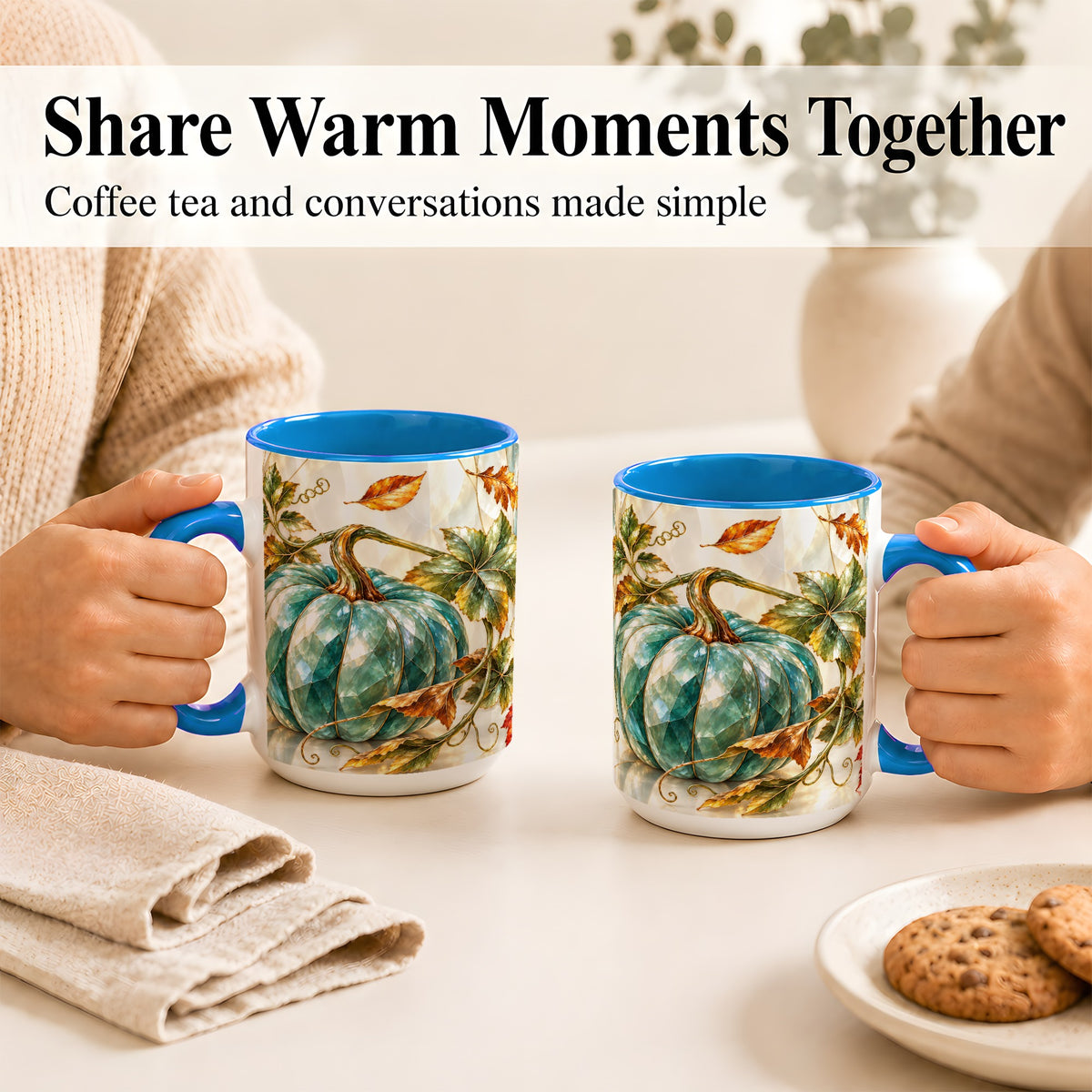 #pl[15oz|Blue] Geometric Teal Pumpkin Coffee Mug, Fall Leaves Mug, Ceramic Cup