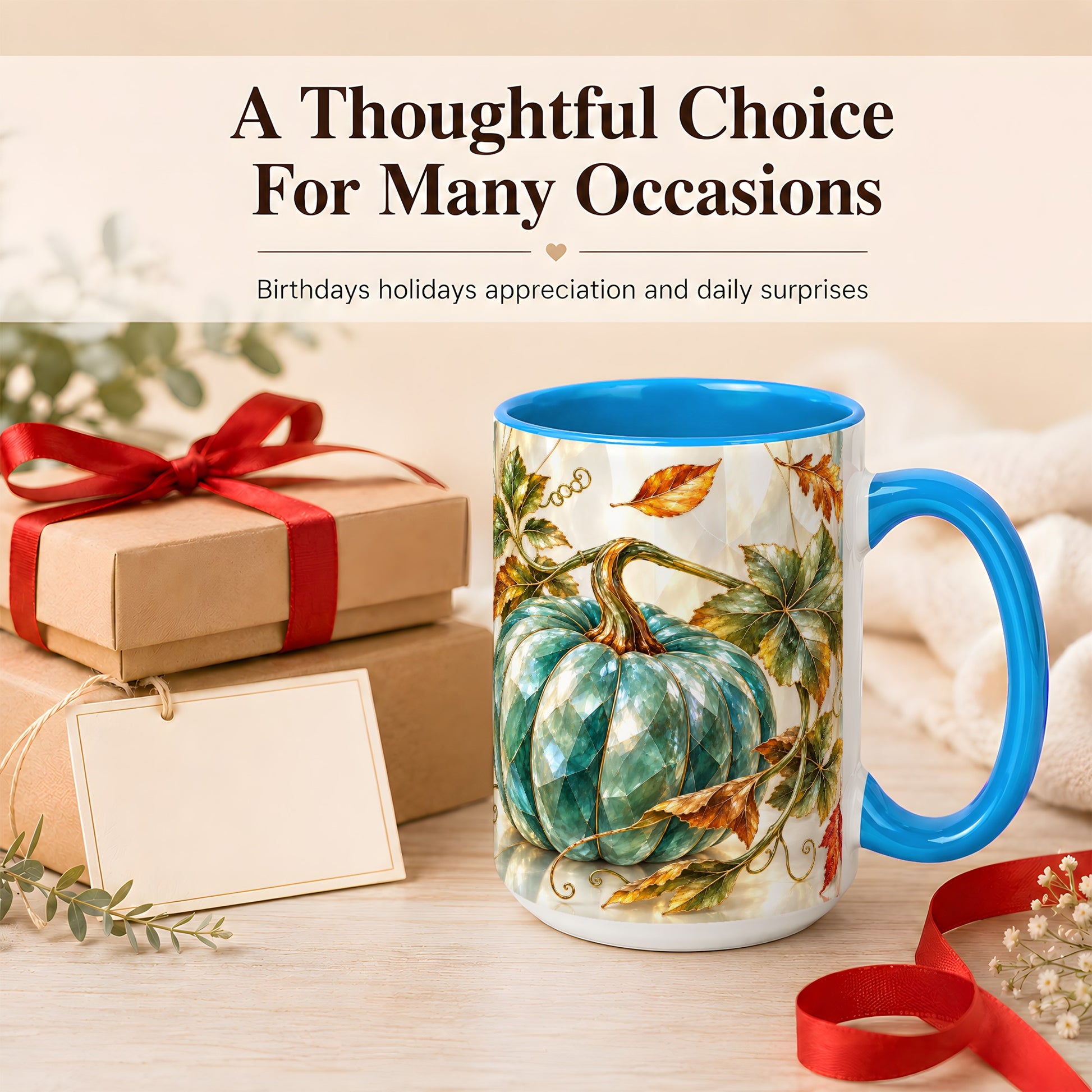#pl[15oz|Blue] Geometric Teal Pumpkin Coffee Mug, Fall Leaves Mug, Ceramic Cup