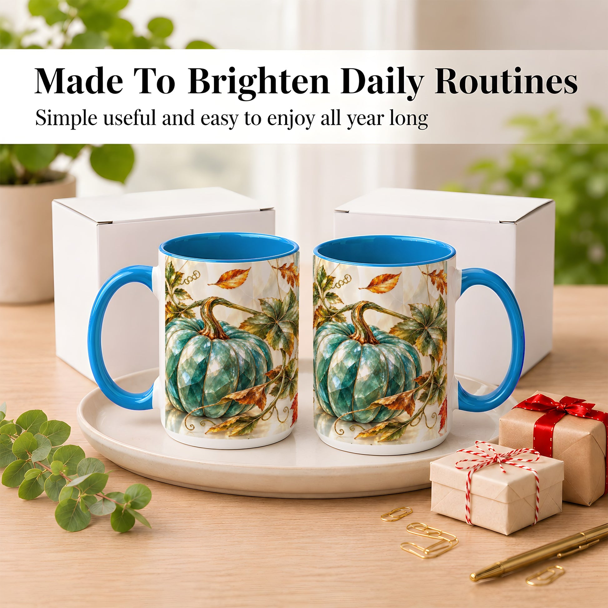 #pl[15oz|Blue] Geometric Teal Pumpkin Coffee Mug, Fall Leaves Mug, Ceramic Cup