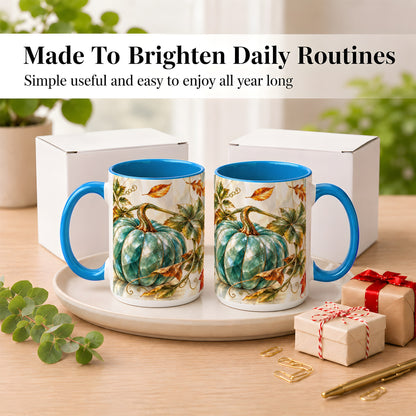 #pl[15oz|Blue] Geometric Teal Pumpkin Coffee Mug, Fall Leaves Mug, Ceramic Cup