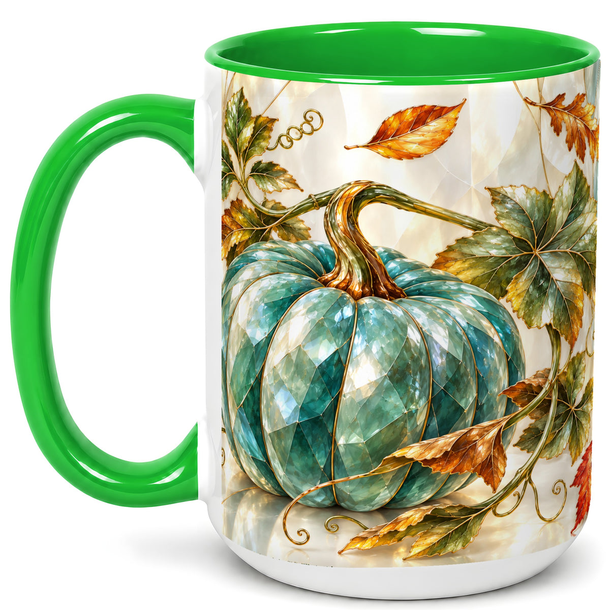 #pl[15oz|Green] Geometric Teal Pumpkin Coffee Mug, Fall Leaves Mug, Ceramic Cup