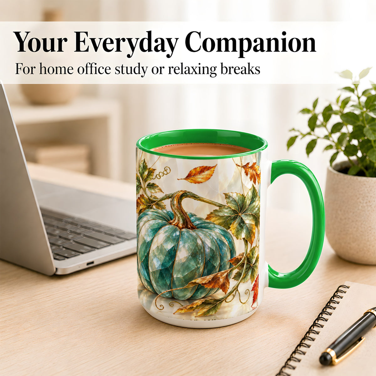 #pl[15oz|Green] Geometric Teal Pumpkin Coffee Mug, Fall Leaves Mug, Ceramic Cup