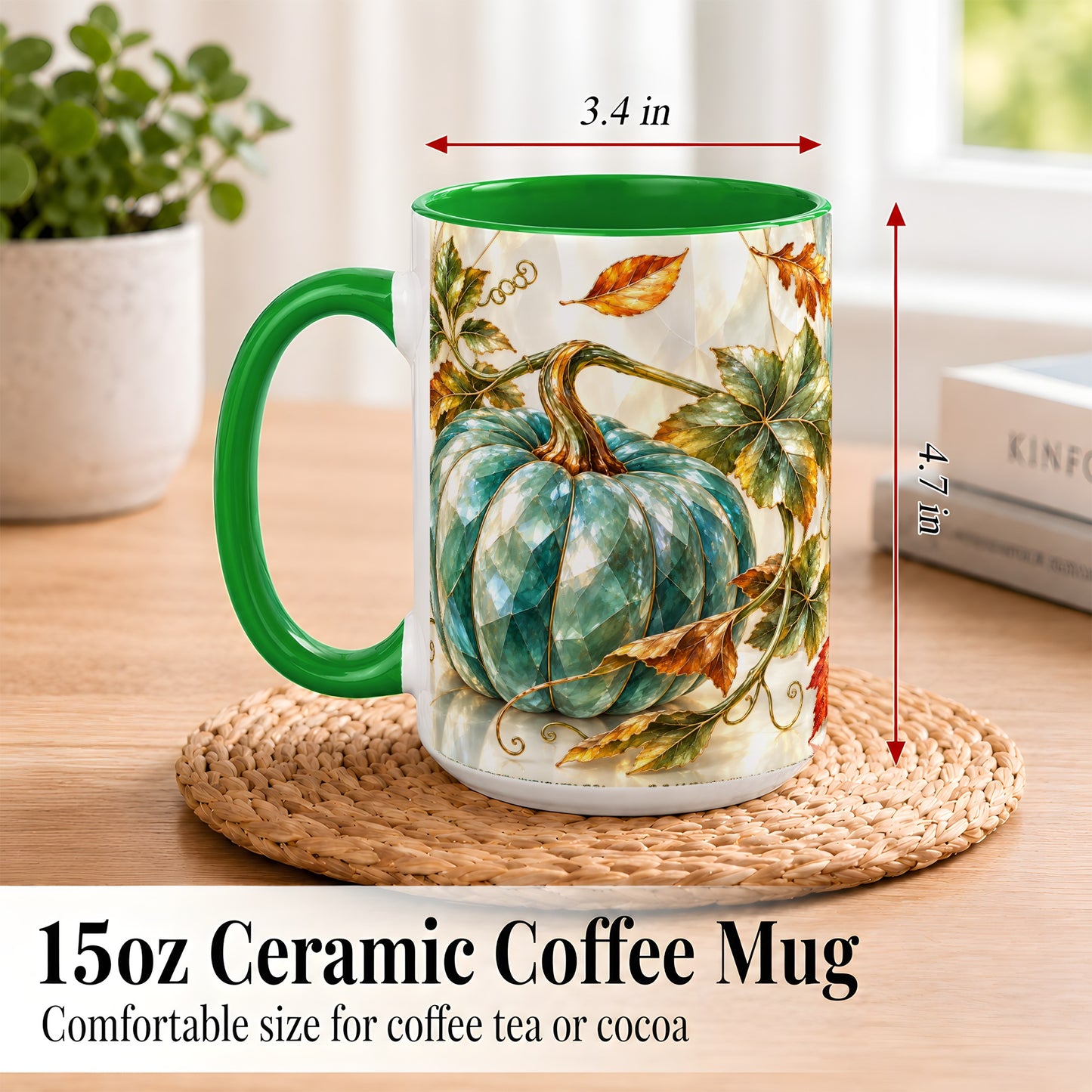 #pl[15oz|Green] Geometric Teal Pumpkin Coffee Mug, Fall Leaves Mug, Ceramic Cup