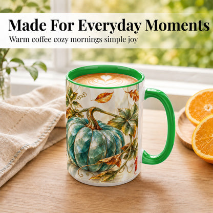 #pl[15oz|Green] Geometric Teal Pumpkin Coffee Mug, Fall Leaves Mug, Ceramic Cup