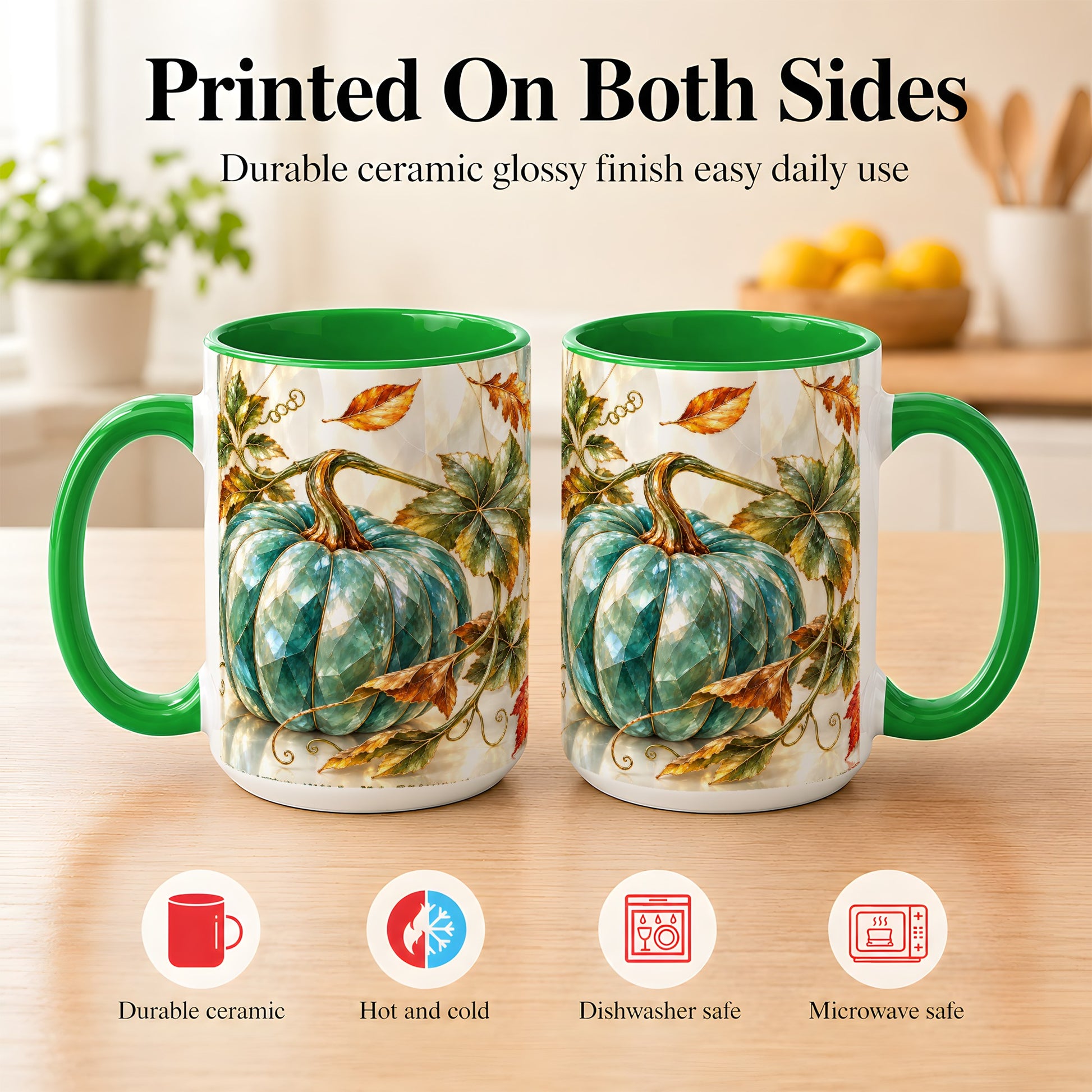 #pl[15oz|Green] Geometric Teal Pumpkin Coffee Mug, Fall Leaves Mug, Ceramic Cup