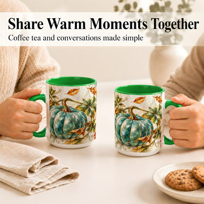 #pl[15oz|Green] Geometric Teal Pumpkin Coffee Mug, Fall Leaves Mug, Ceramic Cup